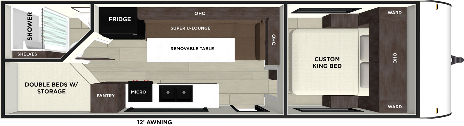 The Salem FSX 266BHLE floorplan has one entry and zero slide outs. Exterior features include: metal exterior and 12' awning. Interiors features include: bunk beds and front bedroom.